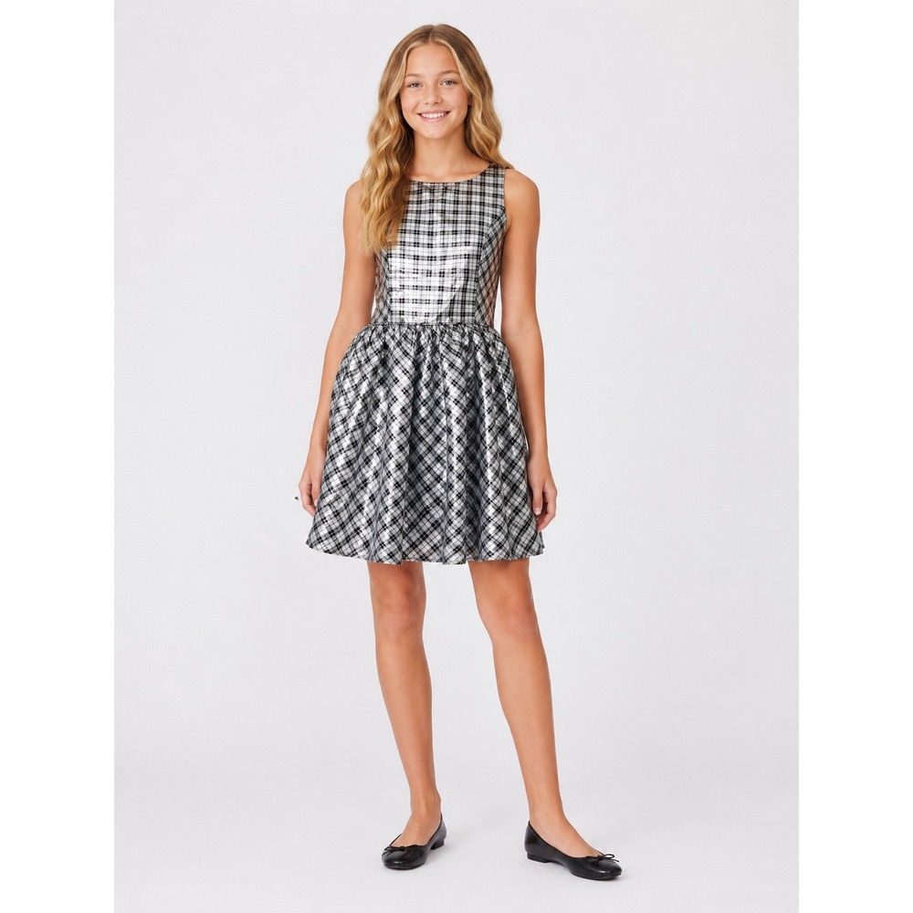 Franki by Francesca's Plaid Metallic Fit & Flare Party Dress Silver NWT Youth 14